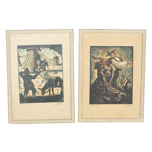 Juan Castells Marti(1906-?), Coppia di stampe xilografiche raffiguranti 'Don Chisciotte nei mulini a vento' e 'Andalusia',