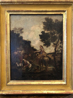 Scuola fiamminga del XVII-XVIII secolo, Paesaggio campestre con personaggi in riva al fiume Scuola fiamminga del XVII-XVIII secolo, Paesaggio campestre con personaggi in riva al fiume
