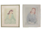 Coppia di acquerelli raffiguranti figure femminili