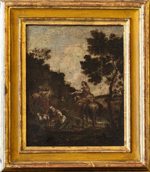 Scuola fiamminga del XVII-XVIII secolo, Paesaggio campestre con personaggi in riva al fiume