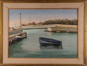 Veduta costiera con barche, dipinto ad olio su tela, entro cornice, firmato fronte e retro