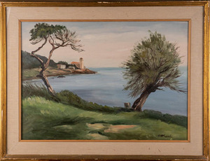 Veduta costiera, dipinto ad olio su tela, entro cornice, firmato fronte e retro, Livorno