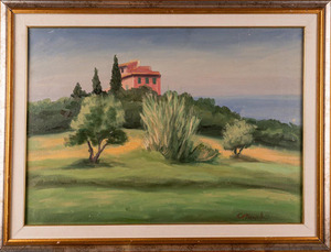 Paesaggio con casa rossa, dipinto ad olio su tela, entro cornice, firmato e datato 1969