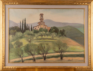 Paesaggio, cm 51x70, entro cornice, firmato fronte e retro, 1969