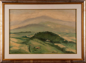 Dipinto ad olio su tela raffigurante paesaggio, cm 40x60, entro cornice, firmato fronte e retro