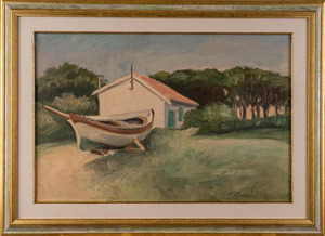 Paesaggio con barca e casa, dipinto ad olio su tela, entro cornice, firmato in basso a destra