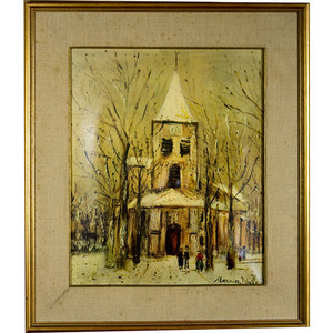 Stampa artistica su tela riproduzione de 'Eglise de Bourgogne' di M. Utrillo, cm 36x45