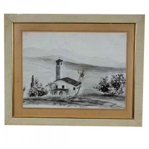 Veduta di paese con chiesa e campanile Veduta di paese con chiesa e campanile
