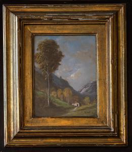 Pittore d'Oltralpe, Paesaggio montano con alberi e casa Pittore d'Oltralpe, Paesaggio montano con alberi e casa