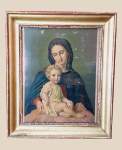 Coppia di oleografie raffiguranti 'Madonna con Bambino' e 'San Giuseppe con Bambino'