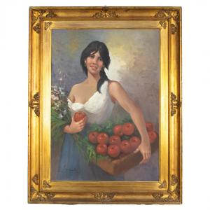 Ritratto di giovane donna con un mazzo di fiori ed una cesta di mele