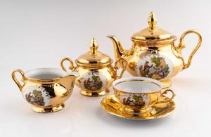 Servito da tè da 12 in porcellana a foglia d'oro marcato Bavaria