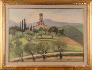 Paesaggio, cm 51x70, entro cornice, firmato fronte e retro, 1969