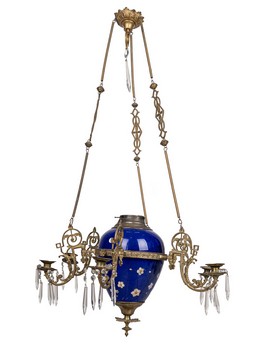 Lampadario a petrolio in porcellana blu e bronzo dorato