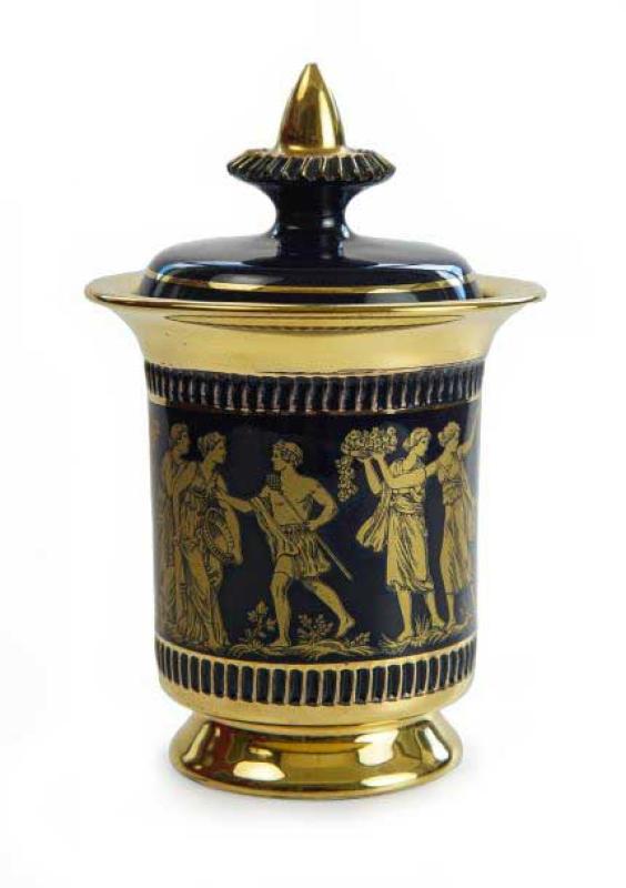 Vaso con coperchio in maiolica blu e oro