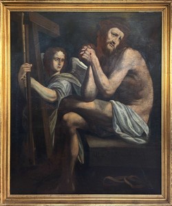 Pittore lombardo del XVII secolo, Cristo in preghiera e meditazione davanti alla Croce Pittore lombardo del XVII secolo, Cristo in preghiera e meditazione davanti alla Croce