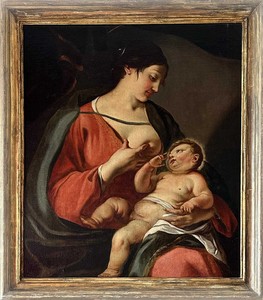 Elisabetta Sirani (Bologna 1638 - 1665), Attribuito a, Madonna con Bambino (Madonna del latte) Elisabetta Sirani (Bologna 1638 - 1665), Attribuito a, Madonna con Bambino (Madonna del latte)