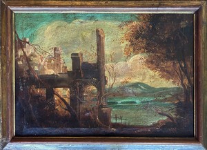 Pittore veneto della fine del XVIII - inizio del XIX secolo, Veduta di paesaggio con rovine classiche Pittore veneto della fine del XVIII - inizio del XIX secolo, Veduta di paesaggio con rovine classiche