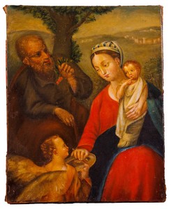 Pittore centro italiano, Angelo e San Giuseppe che porgono frutti al Bambin Gesù nel momento di riposo durante la fuga in Egitto
