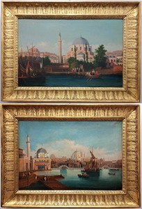 Pittore veneziano di fine XVIII - inizi XIX secolo, influenzato dalla tradizione pittorica orientalista. Coppia di vedute di Istanbul.