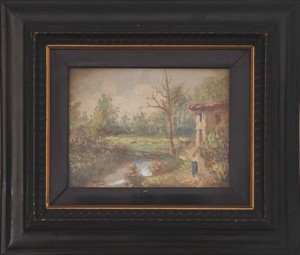 Pittore impressionista della fine del XIX secolo – inizio del XX secolo, Veduta di paesaggio con torrente, albero e abitazione