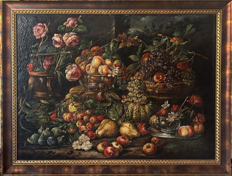 Pittore napoletano del XIX secolo, Natura morta con vasi, vassoi e panieri con frutta