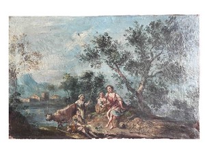 Angelo Visoni (Bergamo 1892 - Arezzo 1956), Attribuito a, Paesaggio pastorale in stile settecentesco Angelo Visoni (Bergamo 1892 - Arezzo 1956), Attribuito a, Paesaggio pastorale in stile settecentesco