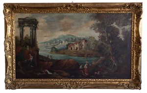 Pittore del XX secolo, Paesaggio arcadico con figure e rovine Pittore del XX secolo, Paesaggio arcadico con figure e rovine
