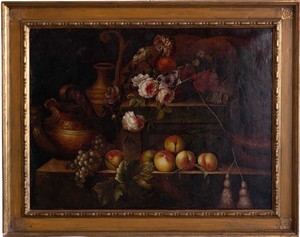 Pittore del XX secolo, Natura morta con fiori e frutta Pittore del XX secolo, Natura morta con fiori e frutta