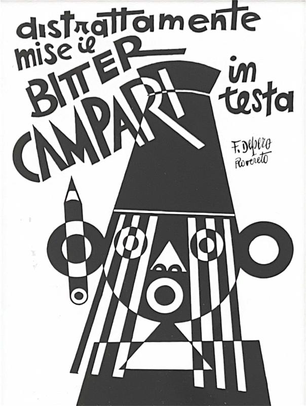 Poster di Fortunato Depero, Distrattamente mise il bitter Campari in testa fra le nuvole