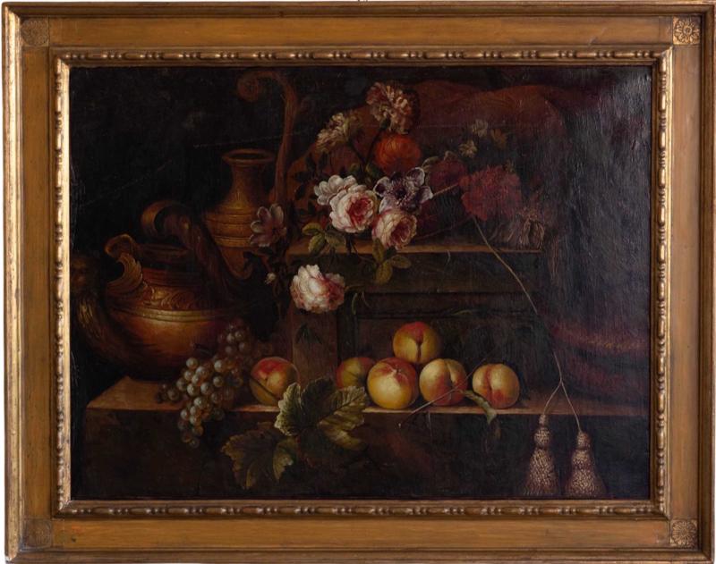 Pittore del XX secolo, Natura morta con fiori e frutta Pittore del XX secolo, Natura morta con fiori e frutta