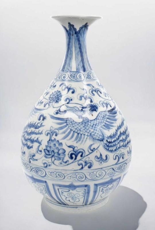 Vaso bianco e blu, disegni di fenice Vaso bianco e blu, disegni di fenice