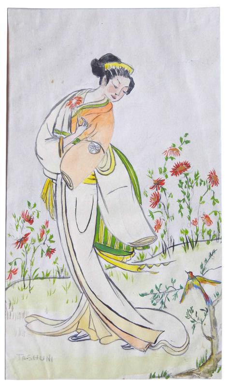 Disegno cinese su carta raffigurante fanciulla con firma dell'autore Disegno cinese su carta raffigurante fanciulla con firma dell'autore