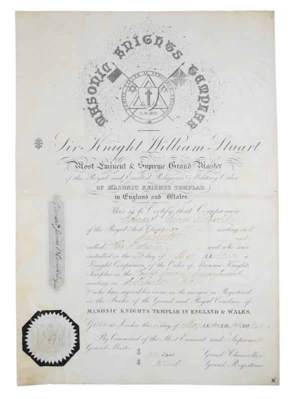 Certificato massonico originale dei cavalieri templari Certificato massonico originale dei cavalieri templari