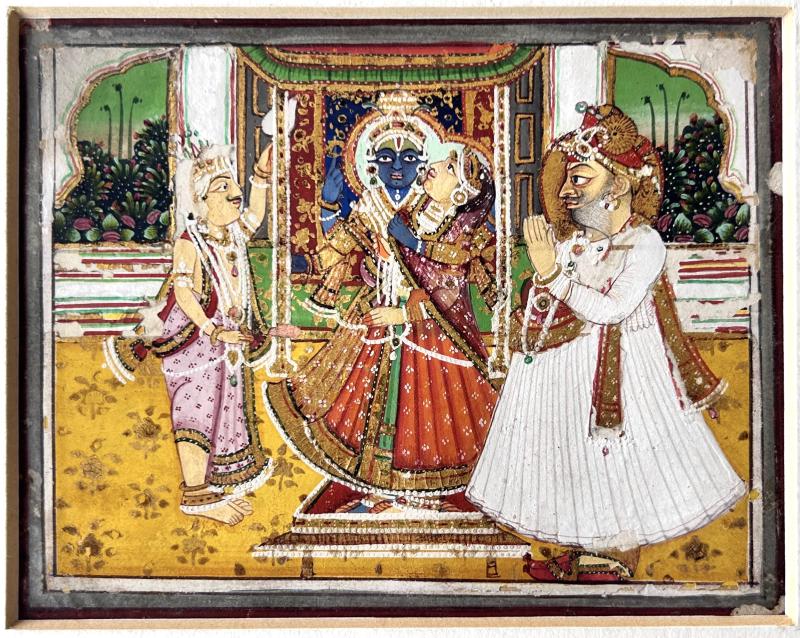 Dipinto raffigurante scena templare con Krishna e Radha. Dipinto raffigurante scena templare con Krishna e Radha.
