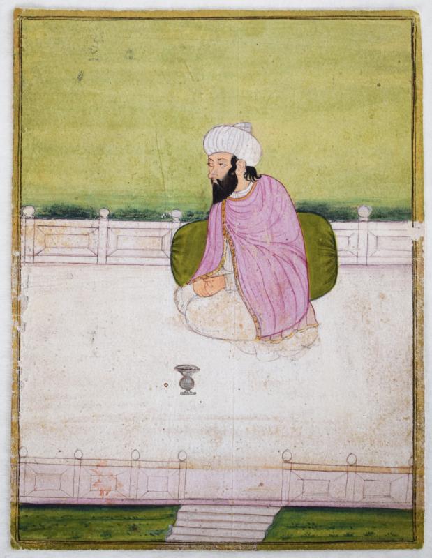 Miniatura Mughal raffigurante un uomo su terrazza Miniatura Mughal raffigurante un uomo su terrazza