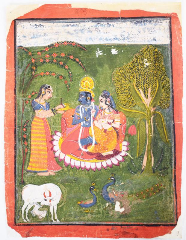 Dipinto raffigurante Krishna e Radha venerati da una gopi Dipinto raffigurante Krishna e Radha venerati da una gopi